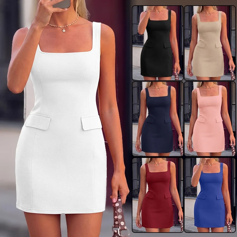 Summer Casual Square-Neck Solid-Color Suspender Dress For Women