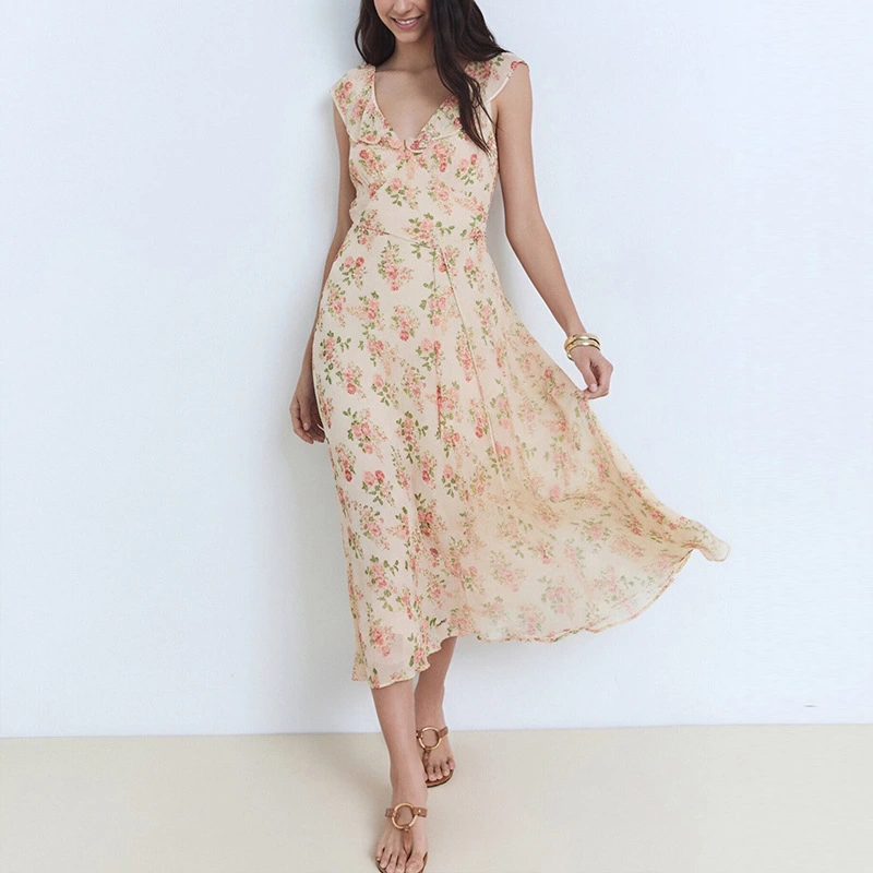 V-Neck Floral Lace-Up Slim-Fit Long Dress For Women