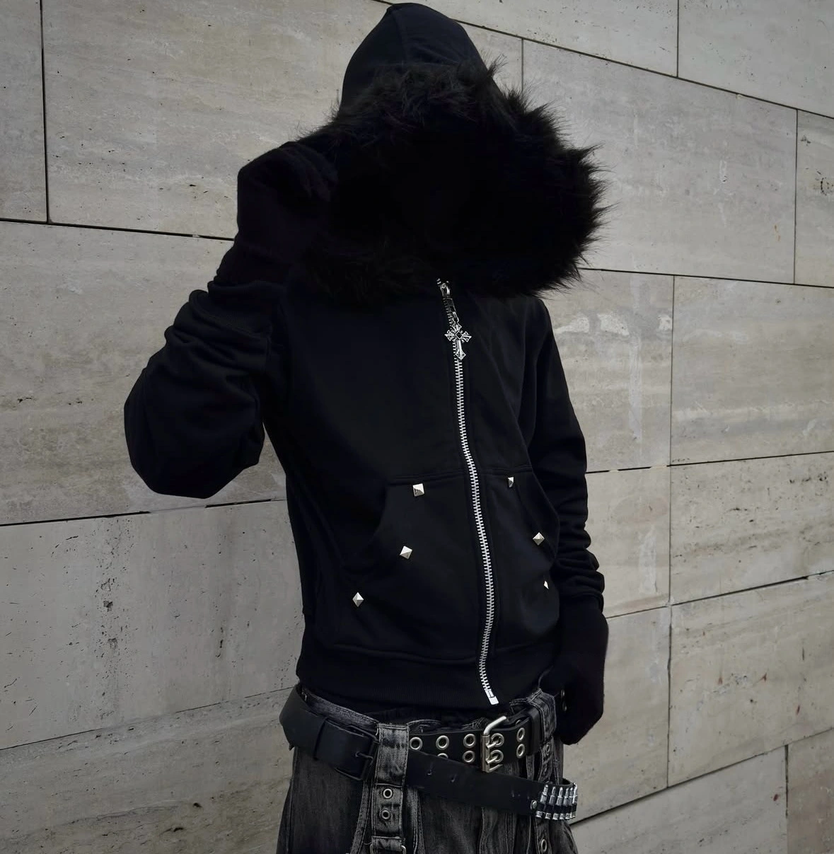 Letter-print Rhinestone-studded Hooded Loose-fit Zip-up Coat For Fallwinter Hip-hop Style