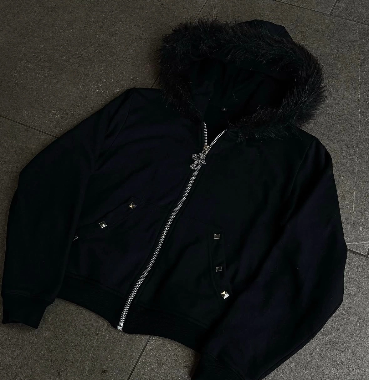 Letter-print Rhinestone-studded Hooded Loose-fit Zip-up Coat For Fallwinter Hip-hop Style