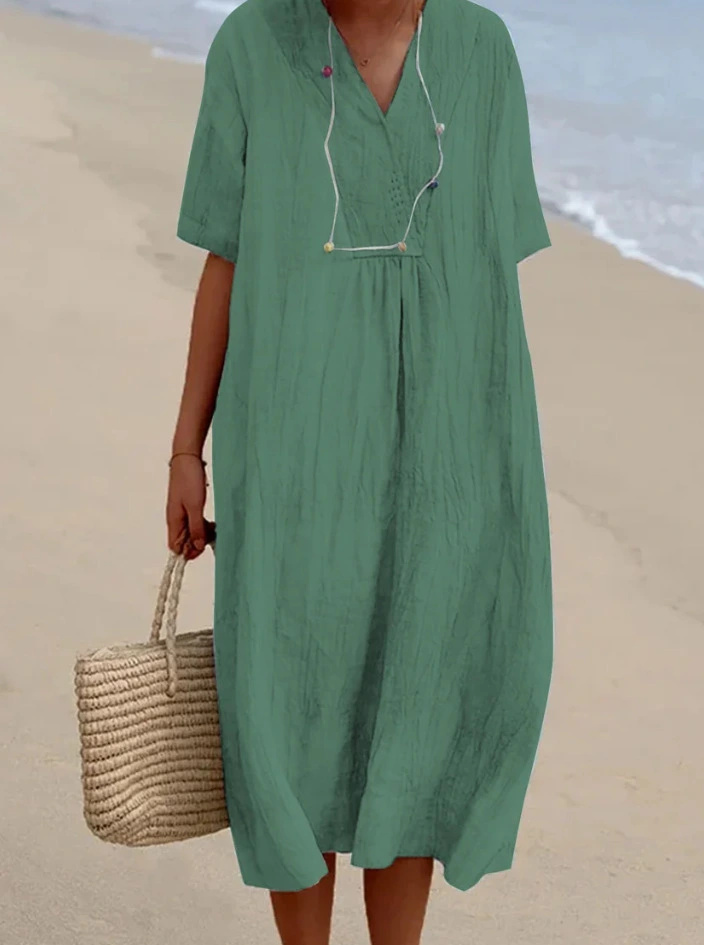 Women's Versatile Casual Slim-fit Solid Color Cotton And Linen Dress