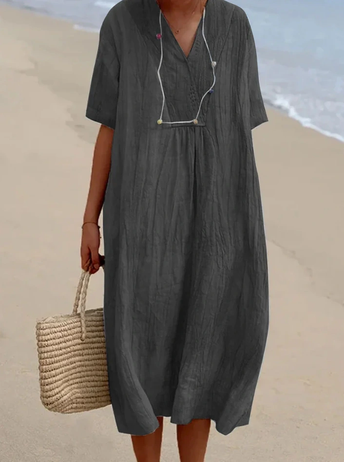 Women's Versatile Casual Slim-fit Solid Color Cotton And Linen Dress