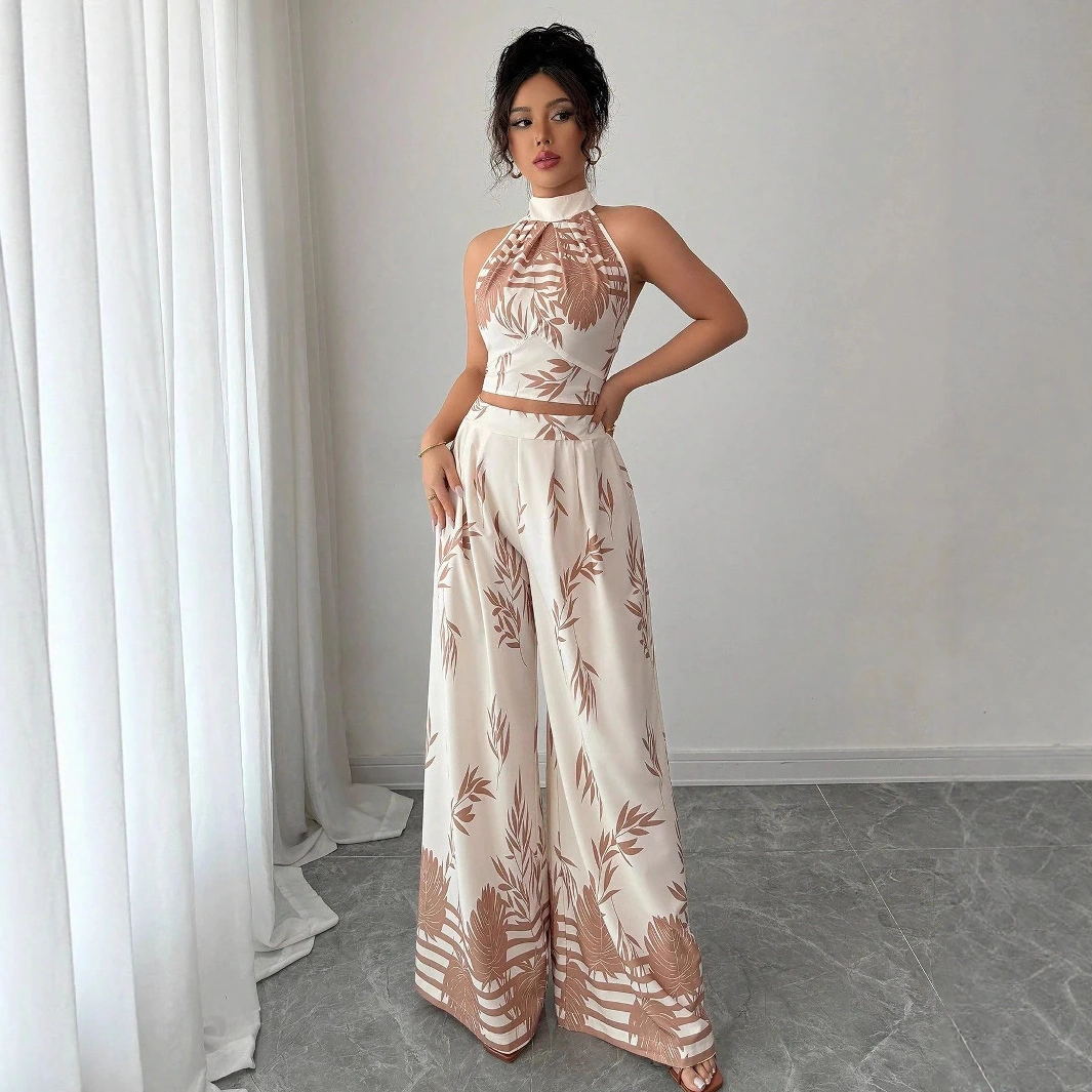 Neck-hanging Vest And Wide-leg Trousers Printed Set