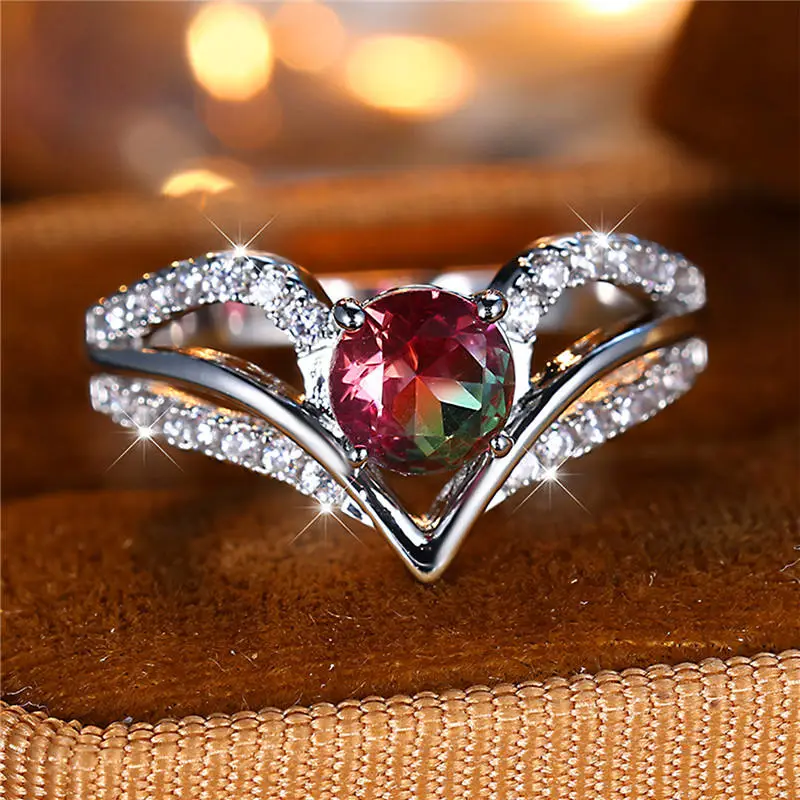 Luxury Womens Red And Green Round Zircon Engagement Ring