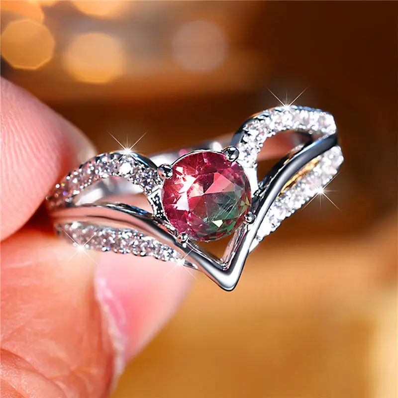 Luxury Womens Red And Green Round Zircon Engagement Ring