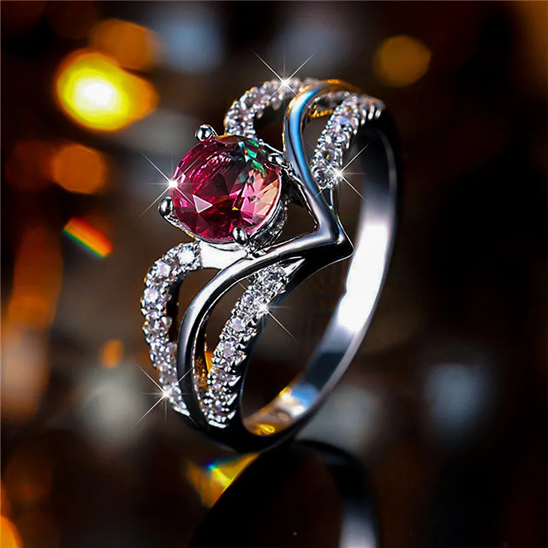 Luxury Womens Red And Green Round Zircon Engagement Ring