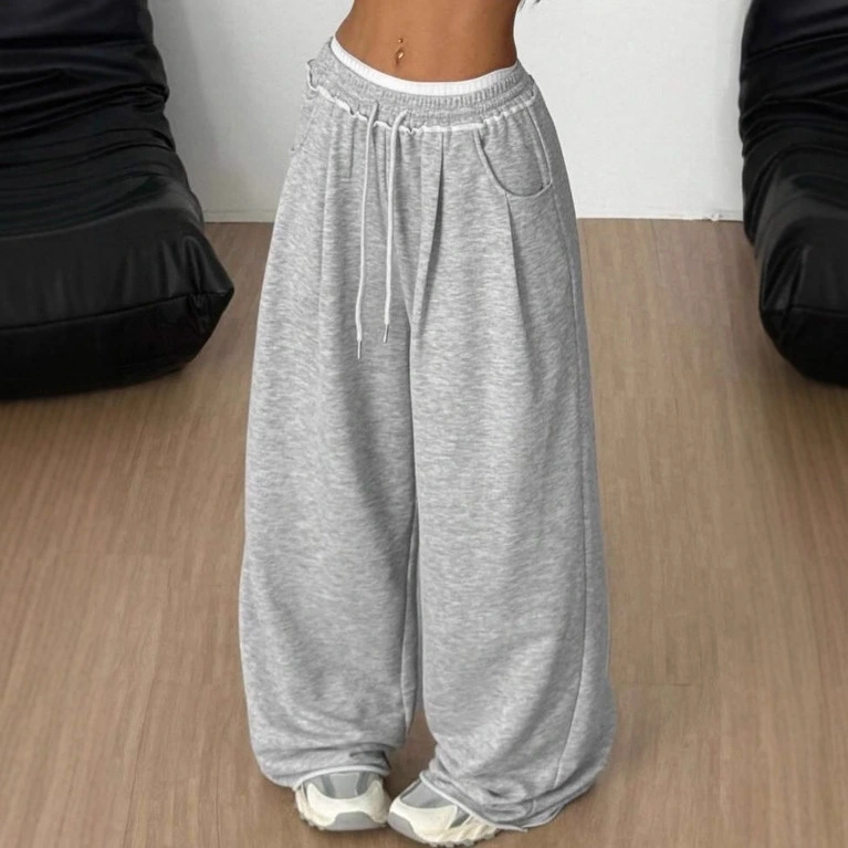 Drawstring Elastic Waist Gray Wide-Leg Sweatpants Womens