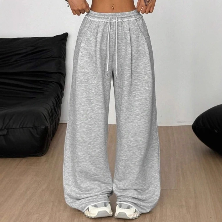 Drawstring Elastic Waist Gray Wide-Leg Sweatpants Womens