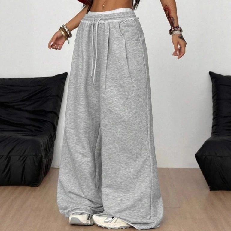 Drawstring Elastic Waist Gray Wide-Leg Sweatpants Womens