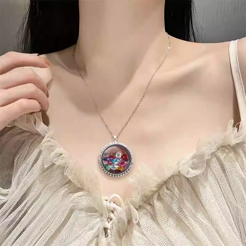 Stainless Steel Thickened Diamond-Encrusted Glass Photo Box Pendant