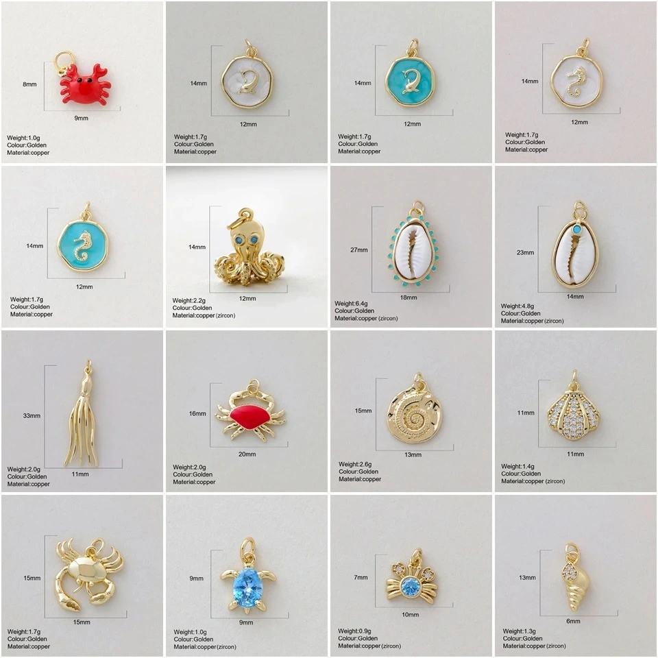 Miniature Marine Animal Crab And Conch Shell Golden Copper Pendant