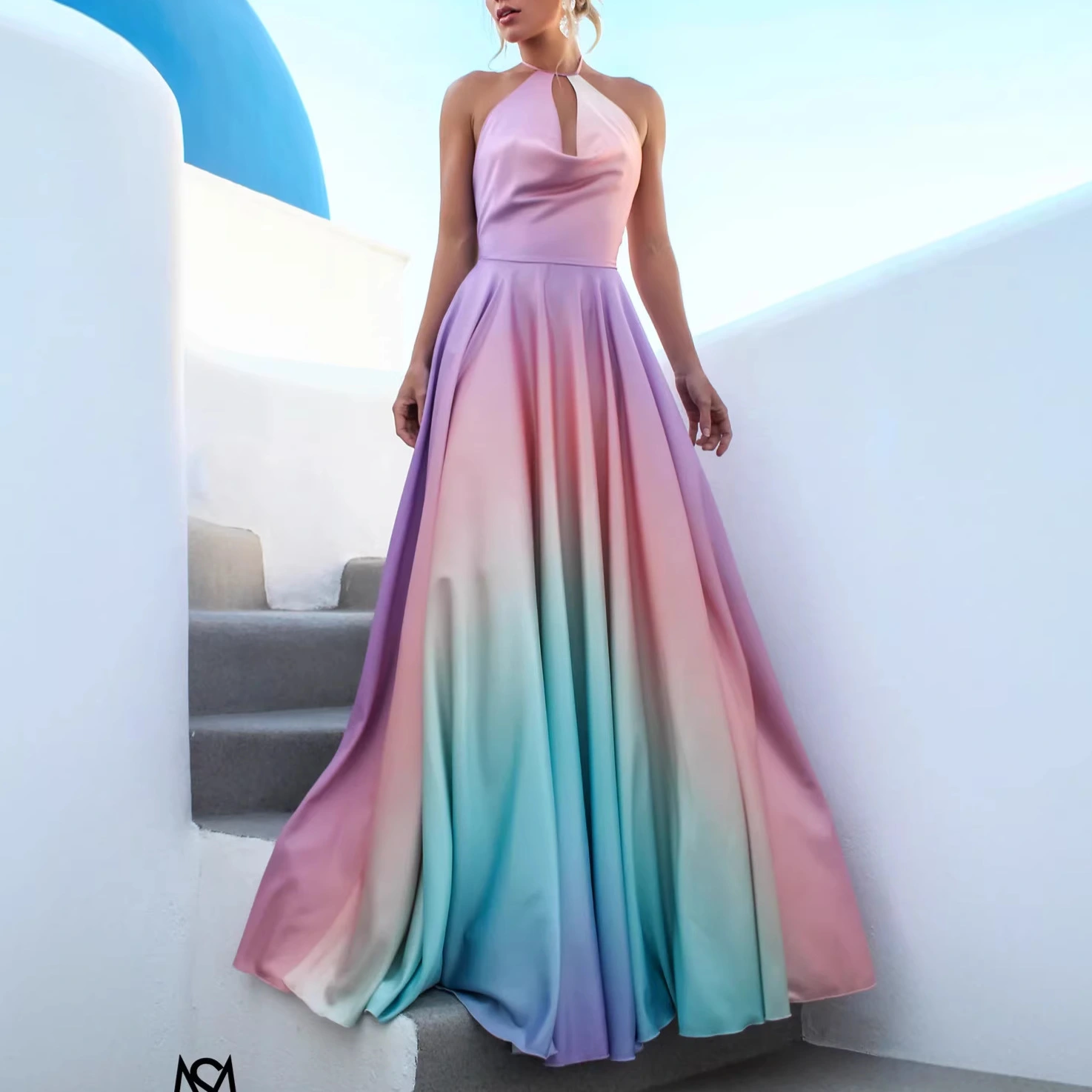 Womens Flared Defined-Waist Gradient-Dye Dress