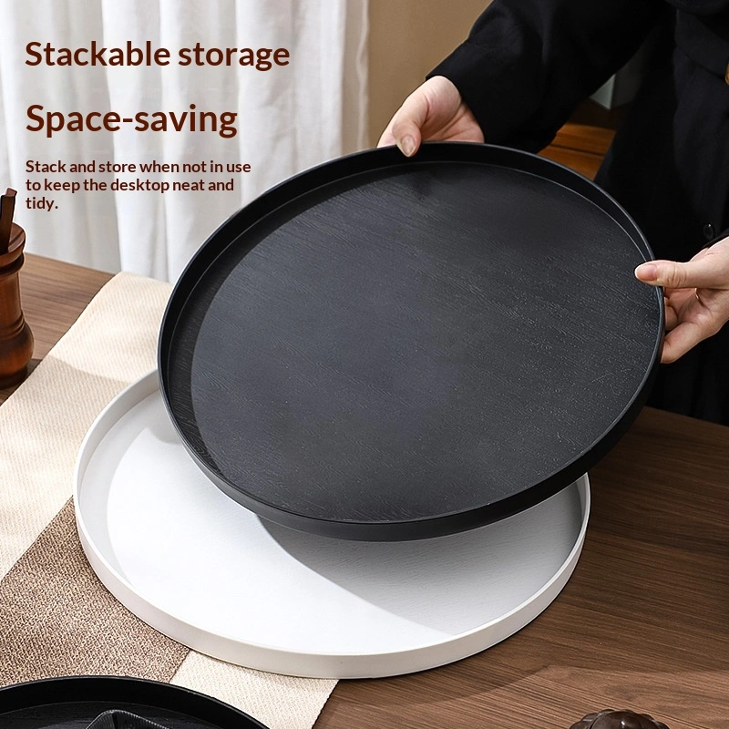 Wood-grain Pattern Round Tray Tea-serving Tray