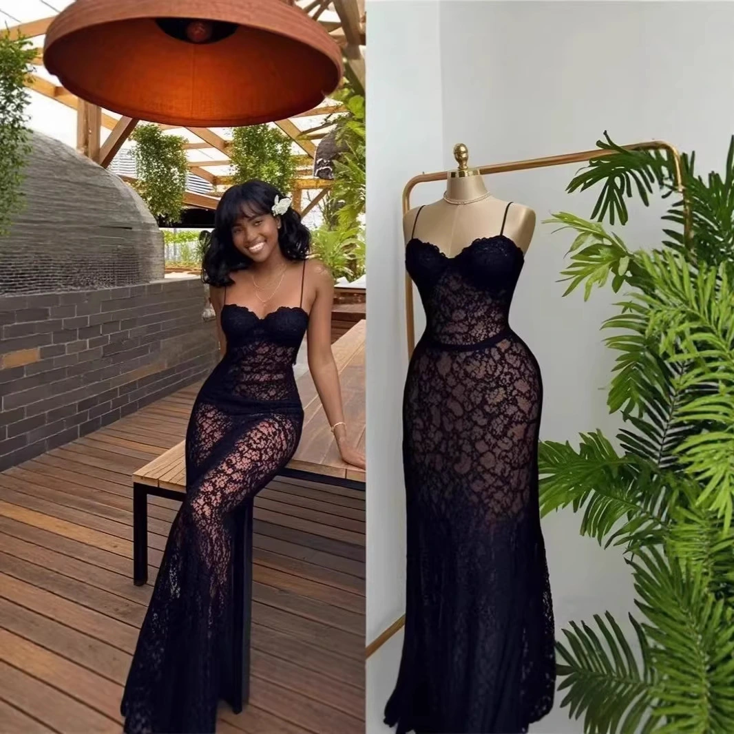 Women's French Lace Strap Slit Camisole Dress