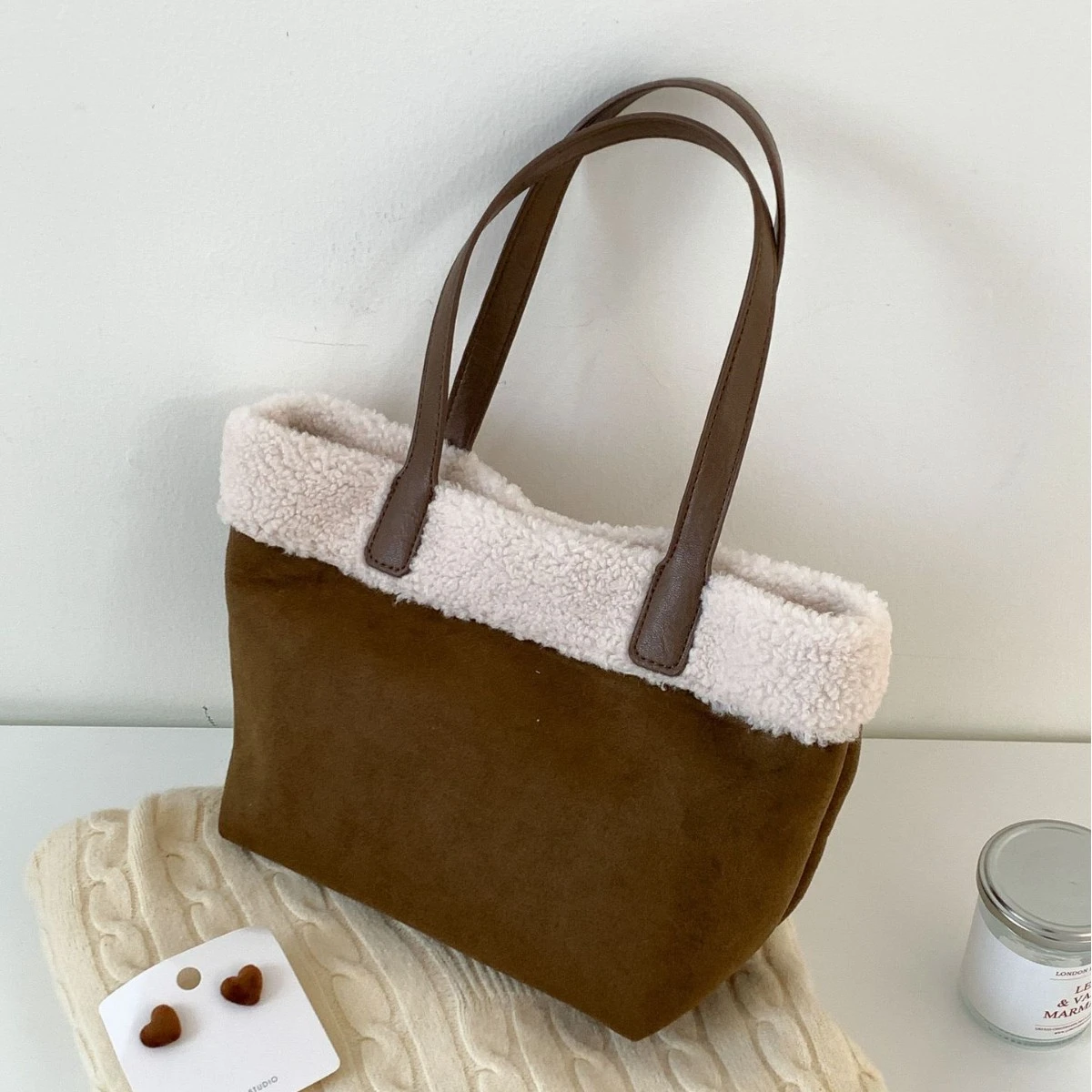 Retro Plush Turned-Over Hem Patchwork Suede Bag