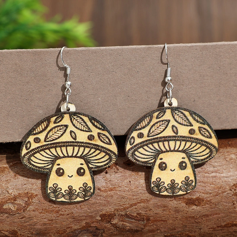Leopard-Print Mushroom Pendant Wooden Earrings
