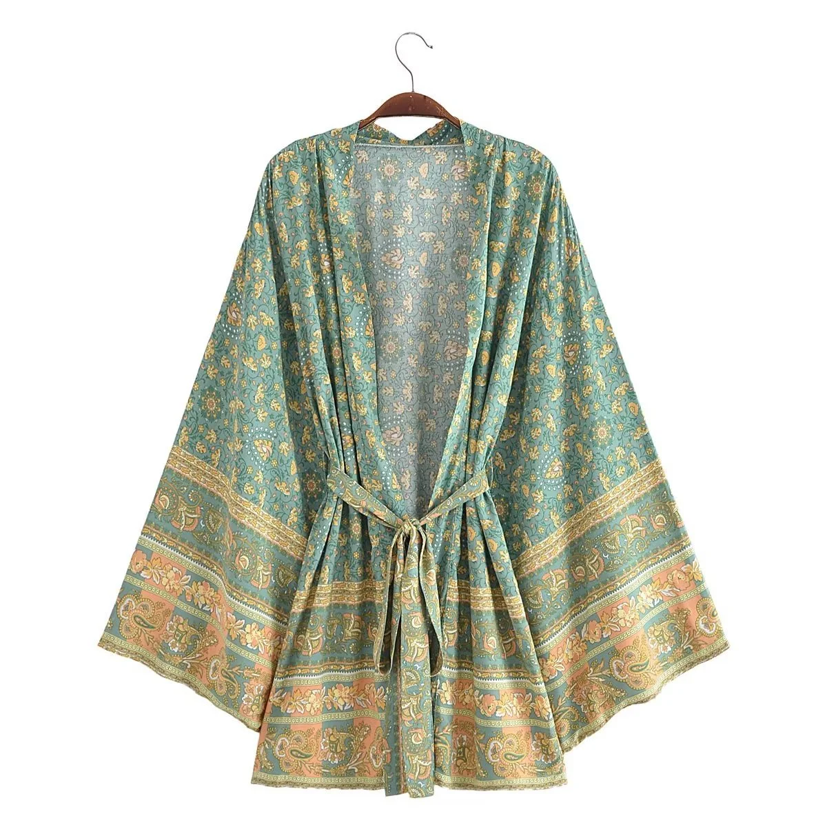 Resort-Style Printed Lace-Up Kimono Jacket For Women