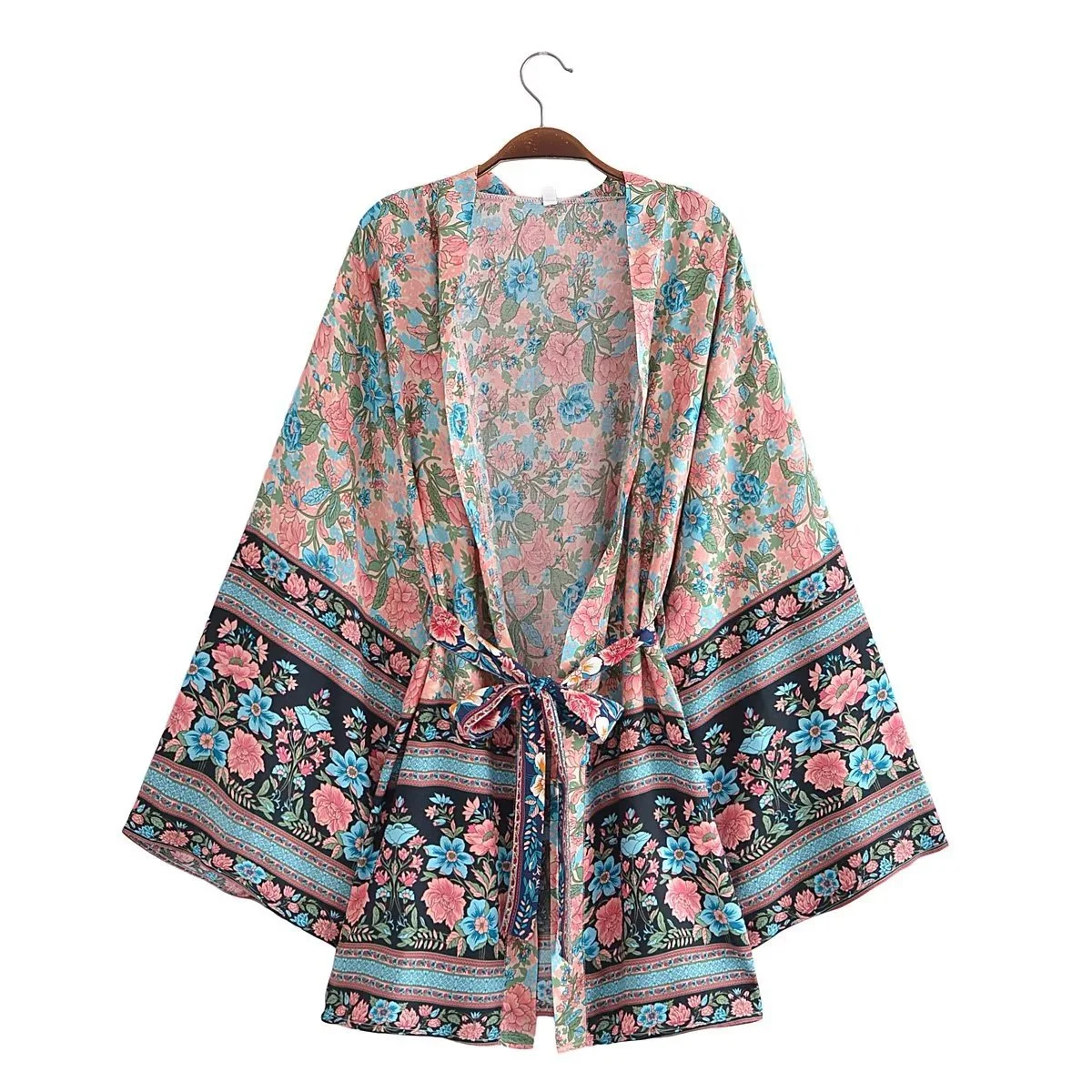 Resort-Style Printed Lace-Up Kimono Jacket For Women
