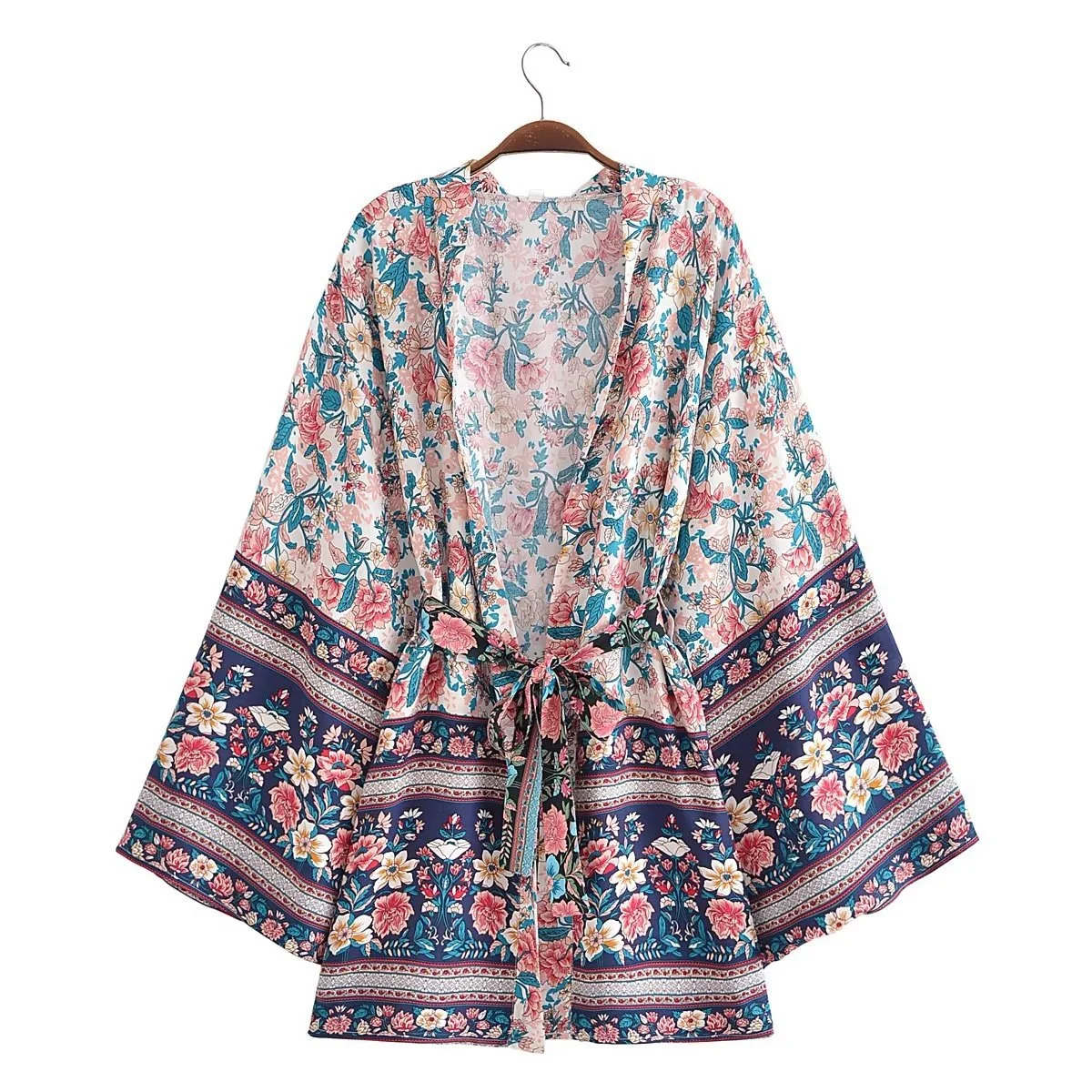 Resort-Style Printed Lace-Up Kimono Jacket For Women