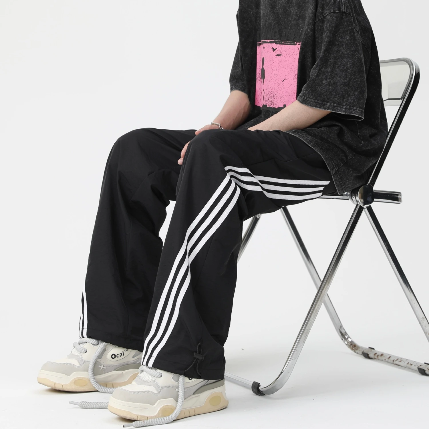Men's Loose Casual Striped Stitching Wide Leg Track Pants