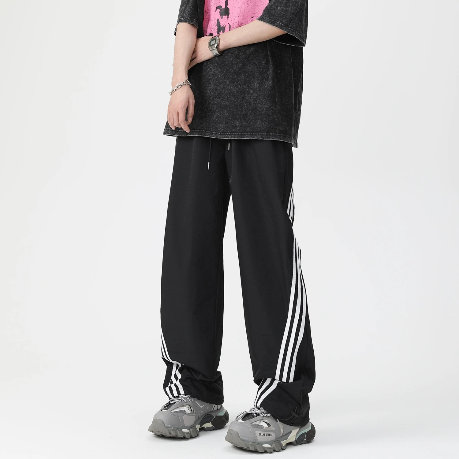 Men's Loose Casual Striped Stitching Wide Leg Track Pants