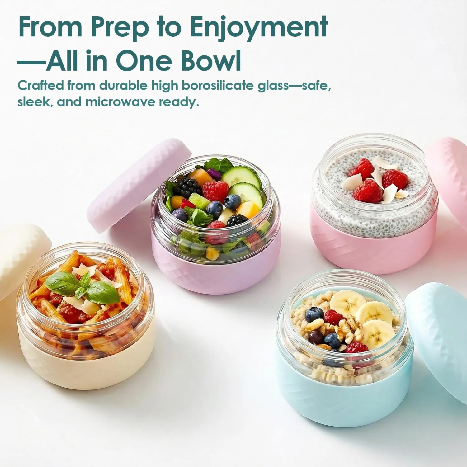 2 Pack 16 oz Glass Lunch Bowl Containers with Lids | Leak & Spill Proof, BPA-Free, Microwave & Dishwasher Safe, Airtight Meal Prep & Food Storage Jar for Lunch, Salad, Soup, Oats, Stew, Yogurt