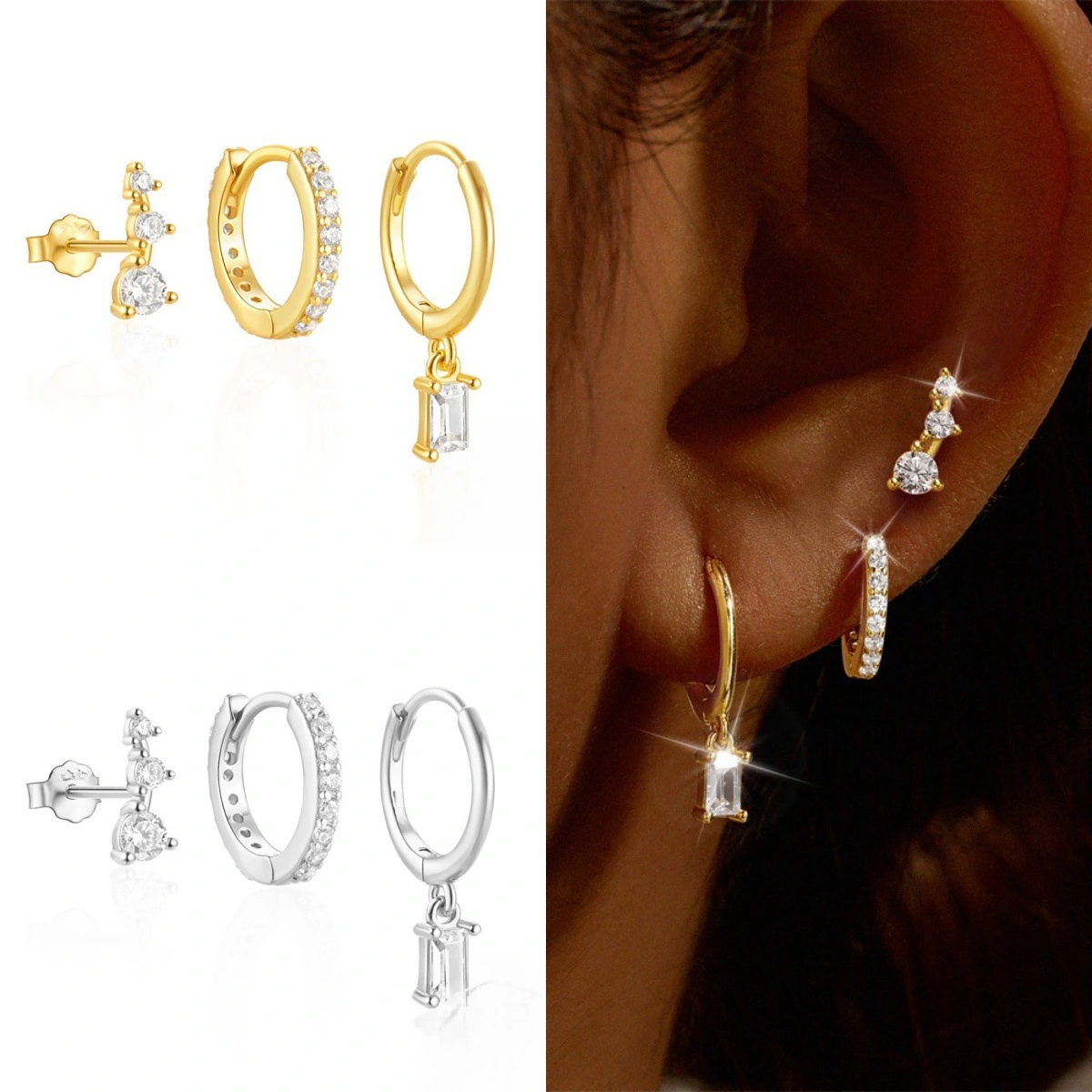 New 3-piece Earring Set Fashionable & Minimalist Square Zircon Stud Earrings