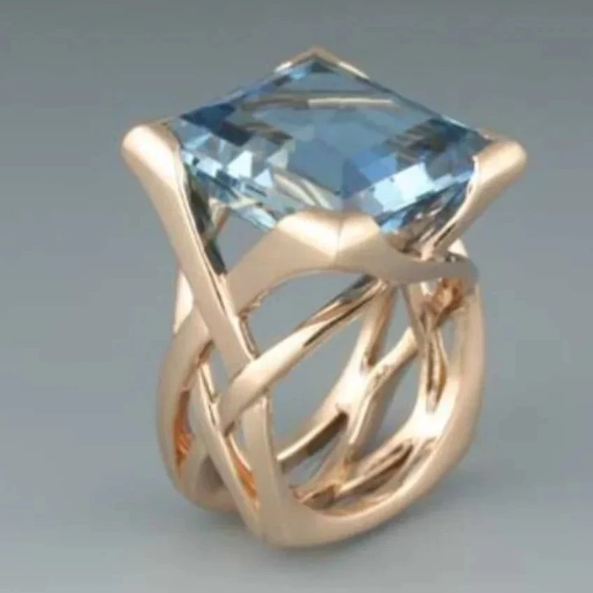 Fashion Diamond Hollow Gold Inlaid Square Blue Stone Personality Ring