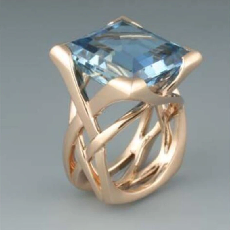 Fashion Diamond Hollow Gold Inlaid Square Blue Stone Personality Ring