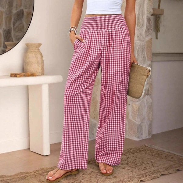 Plaid Casual Trousers Loose-fit Womens Fashion Wide-leg Pants With Pockets