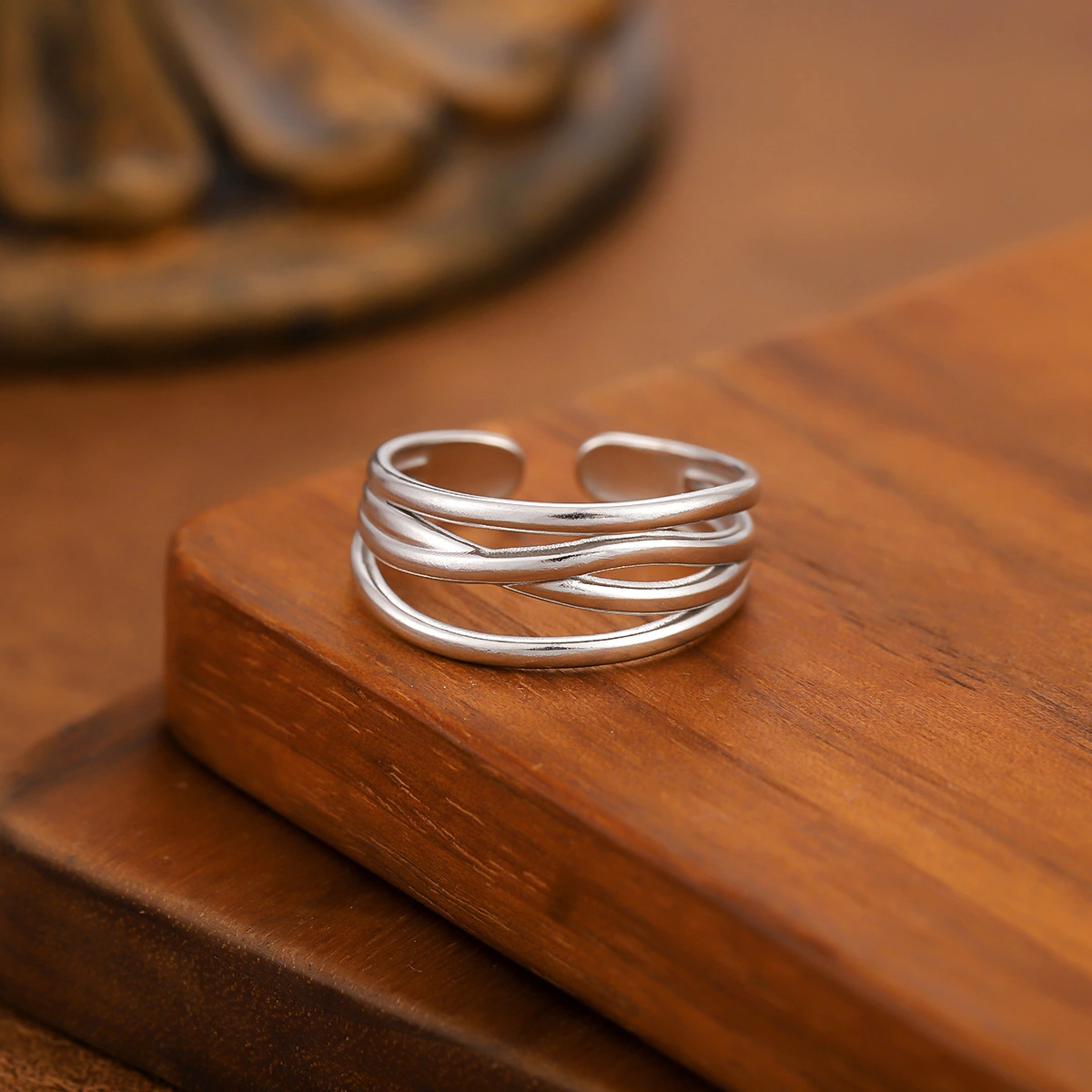 Stainless Steel Minimalist Hollow Geometric Ring For Women, Trendy Personality Adjustable Opening Titanium Steel Finger Ring