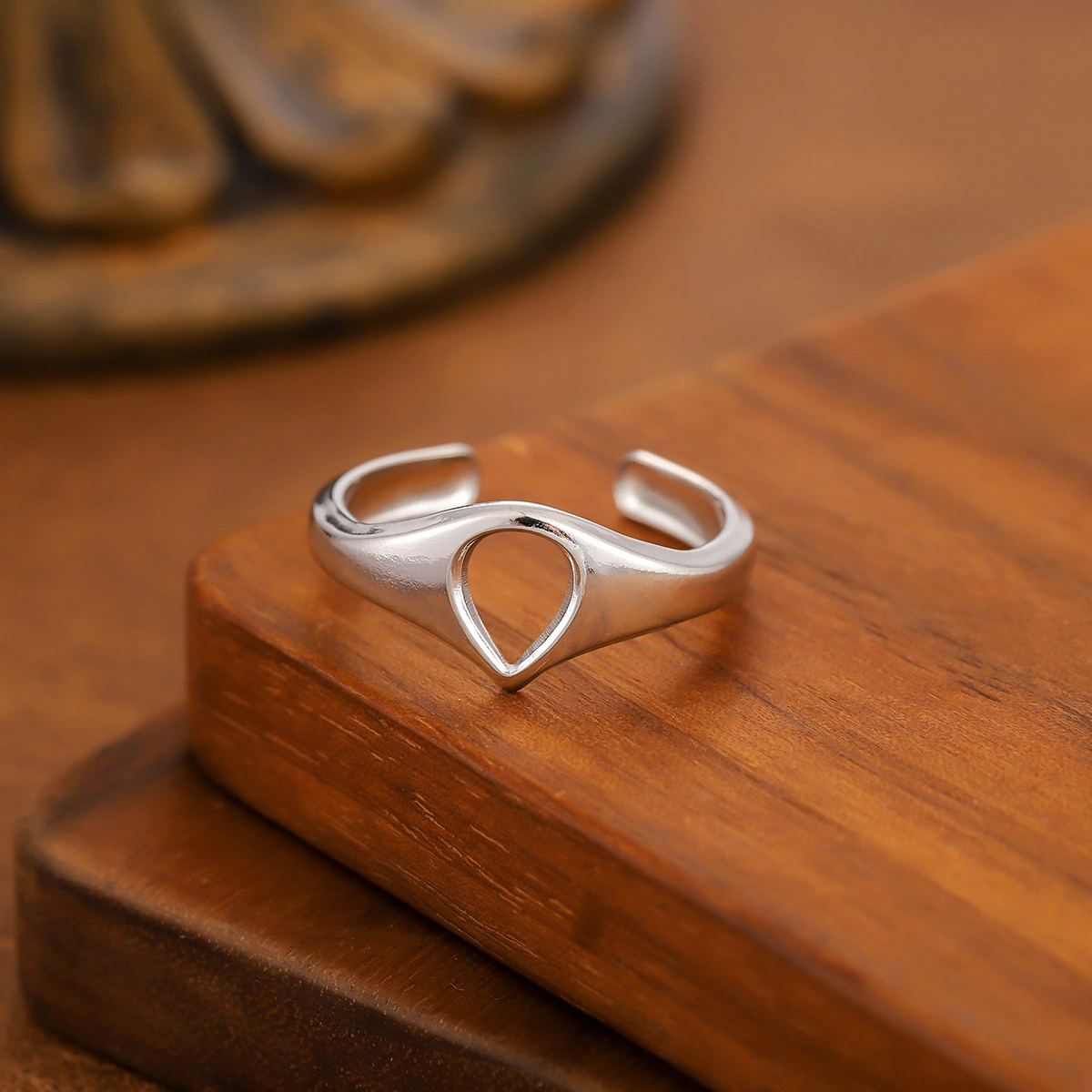 Stainless Steel Minimalist Hollow Geometric Ring For Women, Trendy Personality Adjustable Opening Titanium Steel Finger Ring