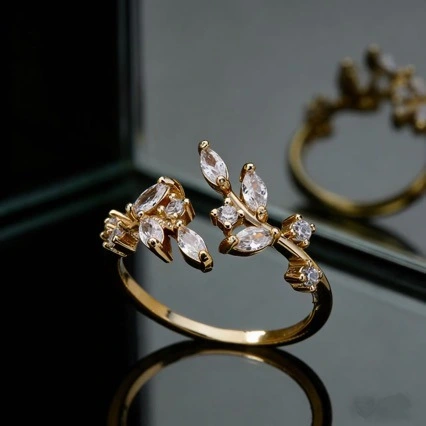 Luxury Gemstone Flower Copper Zircon High-End Adjustable Ring For Women
