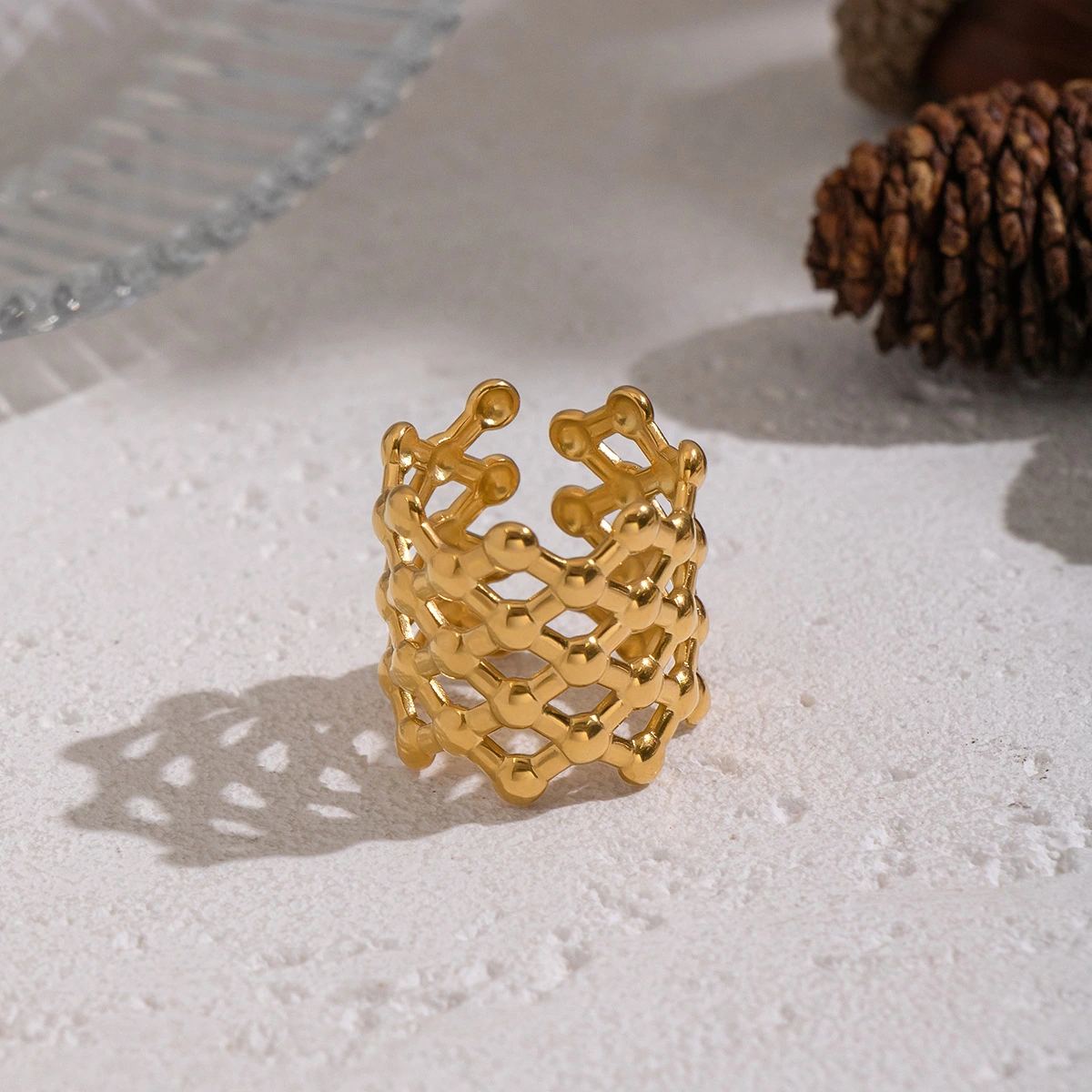 French-style Vintage Grid-pattern Geometric Open-ring Ring