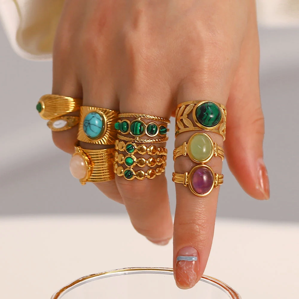 Natural Stone All-match Gemstone Bracelet Titanium Steel Open-end Ring
