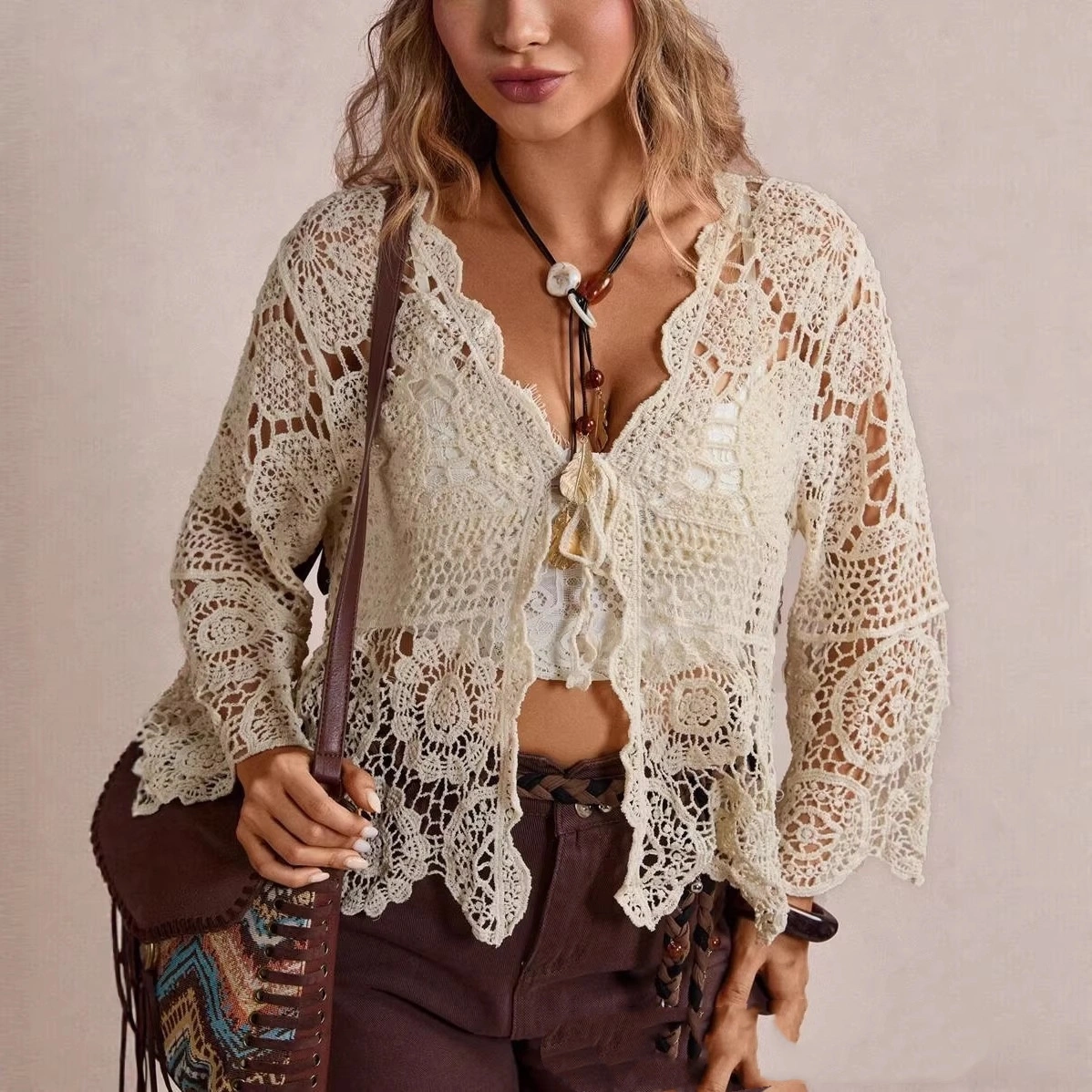 Bohemian Cutout Crochet Lace Sun-Protective Blouse