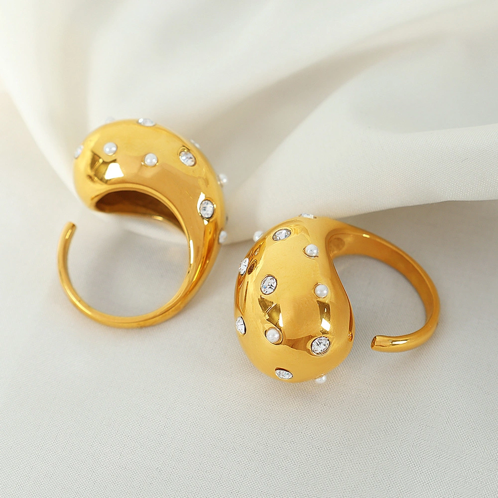 Titanium Steel 18K Gold Plated Ring, Micro-set Zircon & Rubber Bead, Adjustable Waterdrop Ring, Trendy Jewelry