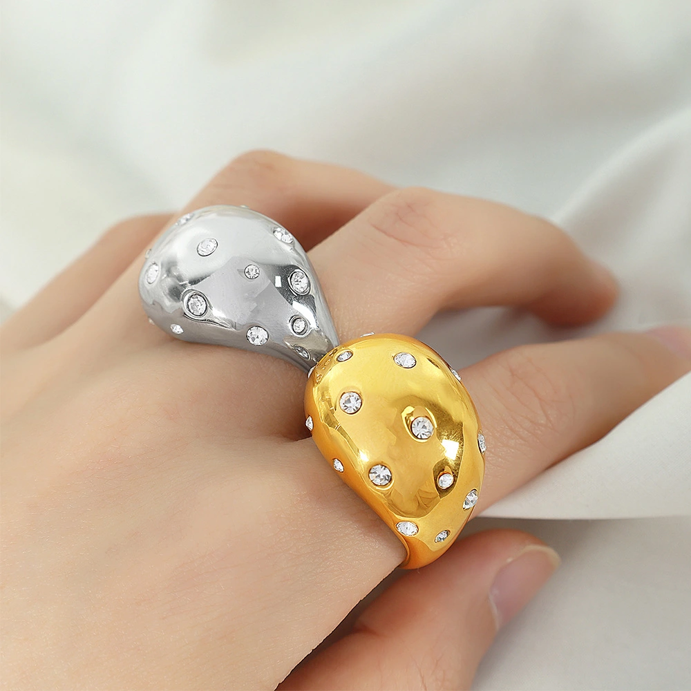 Titanium Steel 18K Gold Plated Ring, Micro-set Zircon & Rubber Bead, Adjustable Waterdrop Ring, Trendy Jewelry