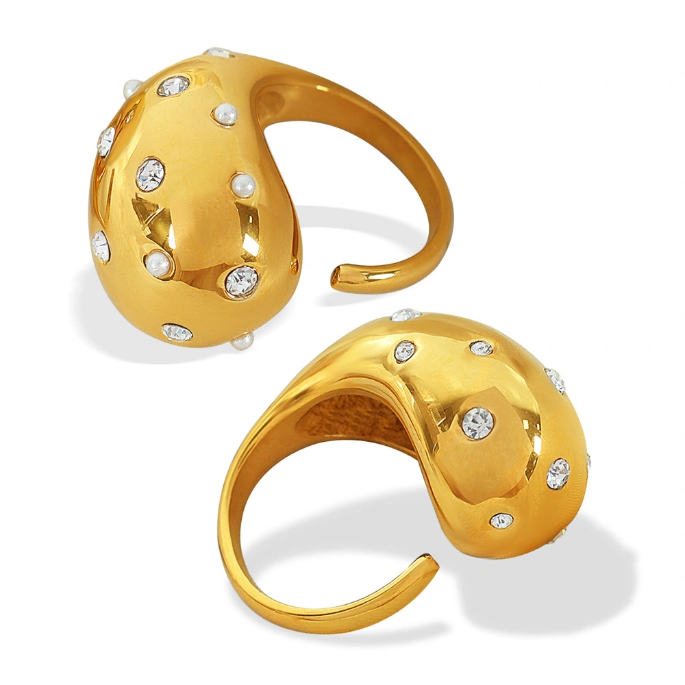 Titanium Steel 18K Gold Plated Ring, Micro-set Zircon & Rubber Bead, Adjustable Waterdrop Ring, Trendy Jewelry