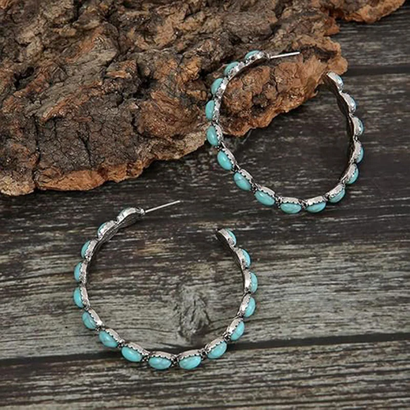 Retro Oval Turquoise Waterdrop-shaped Hollow Earrings
