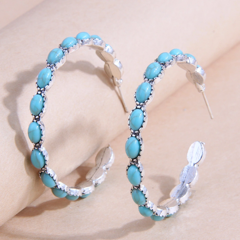 Retro Oval Turquoise Waterdrop-shaped Hollow Earrings