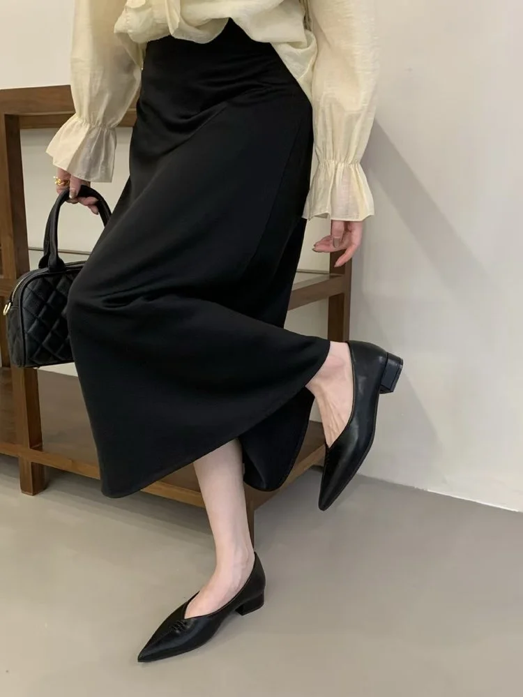 2026 New Spring & Autumn French Niche Design Pointed-Toe Chunky Low Heel Slip-On Pumps For Women, Versatile Elegant Office Style