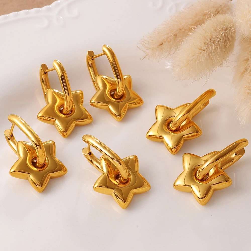 INS Sweet Cool Style Versatile Gold Five-pointed Star Earrings, Stainless Steel 18K Gold Plated, Fashion Daily Earrings