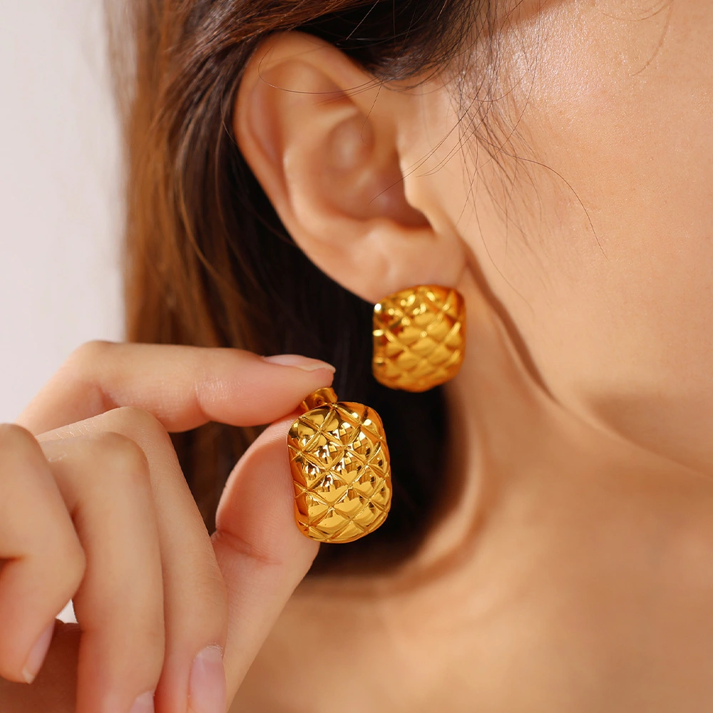 INS Style Quilted Pattern Stainless Steel Stud Earrings, 18K Gold Plated, High-End Niche Design Earrings