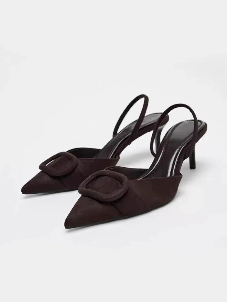 2026 Spring New Arrival Women's Square Buckle Pointed Toe High Heels, Closed Toe Backless Mules Sandals In Brown
