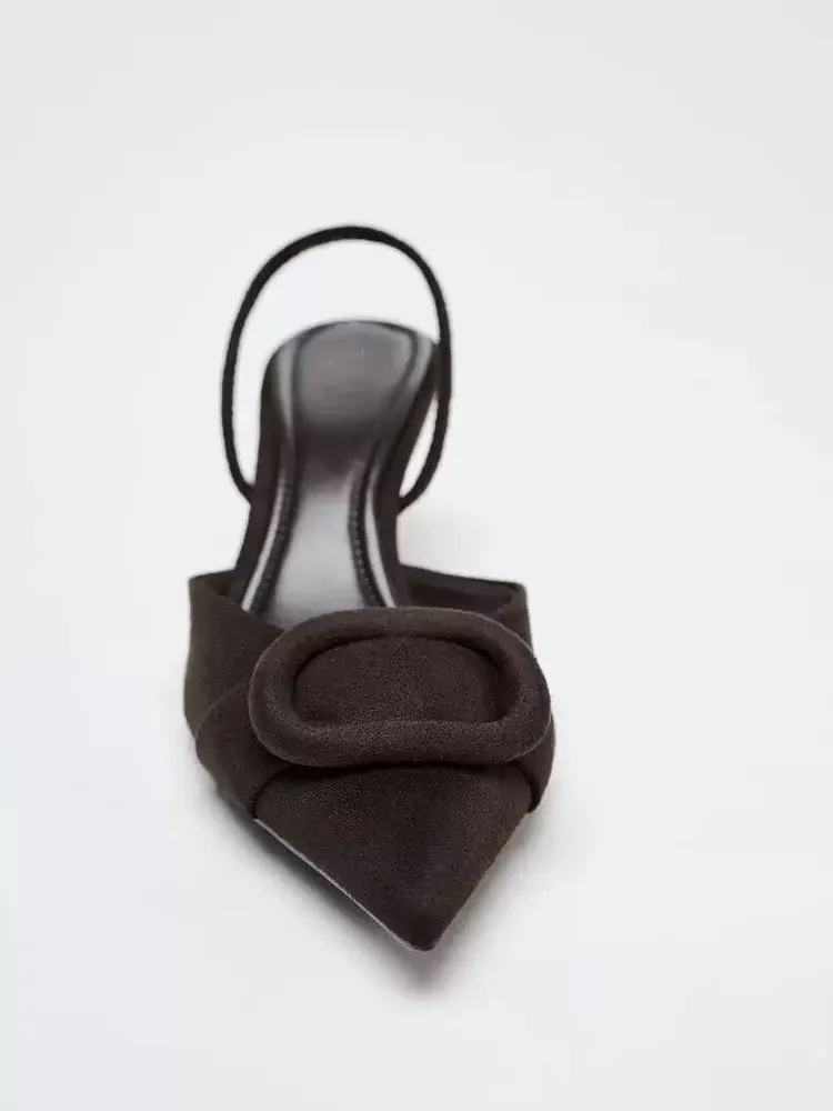 2026 Spring New Arrival Women's Square Buckle Pointed Toe High Heels, Closed Toe Backless Mules Sandals In Brown