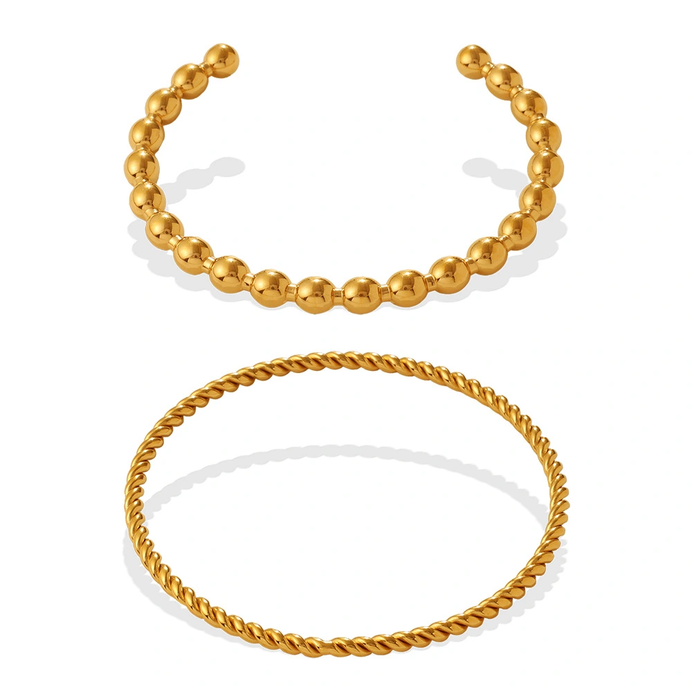 Fashionable And Simple Daily Bead Twist Design Bracelet, Stainless Steel With 18K Gold Plating, Open Bangle For Women.