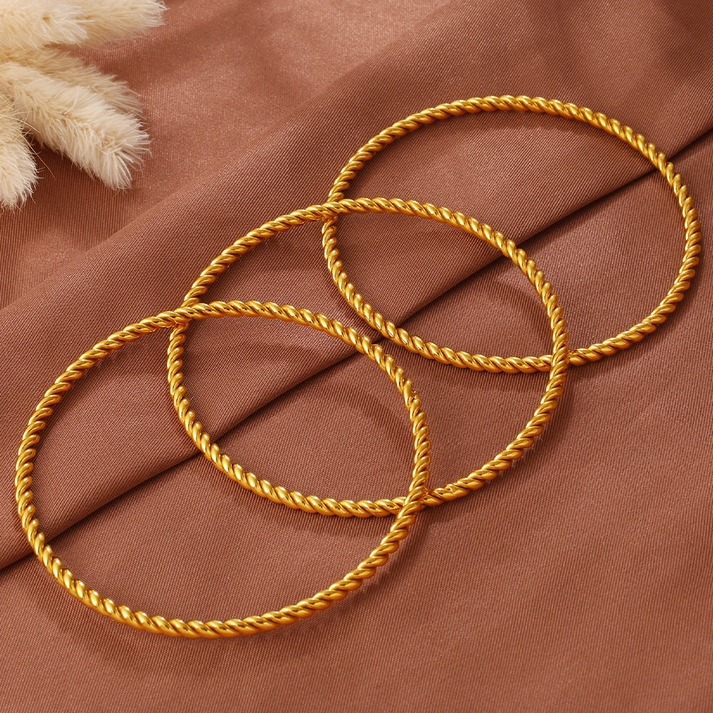 Fashionable And Simple Daily Bead Twist Design Bracelet, Stainless Steel With 18K Gold Plating, Open Bangle For Women.