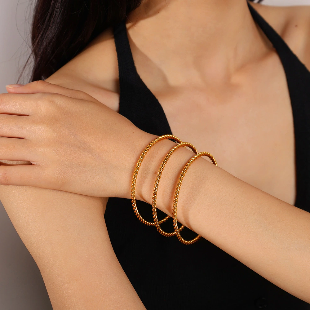 Fashionable And Simple Daily Bead Twist Design Bracelet, Stainless Steel With 18K Gold Plating, Open Bangle For Women.