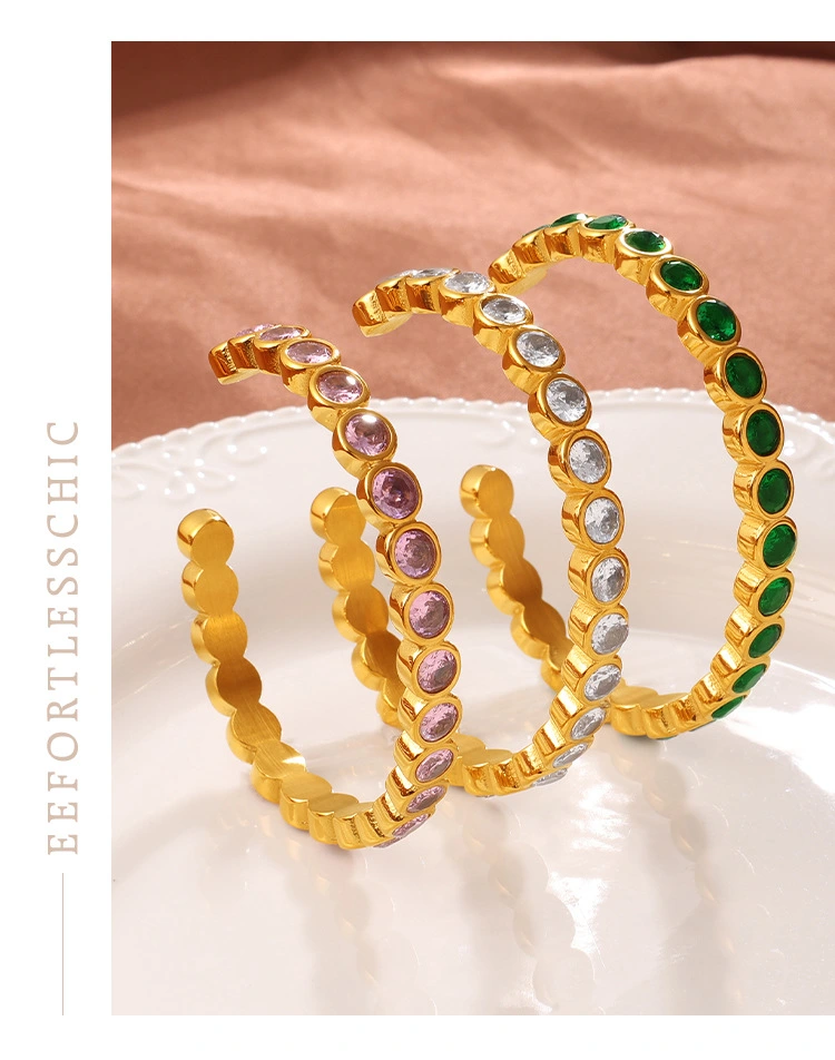 Light Luxury Vintage Style Open Bracelet With Multi-color Zircon, Stainless Steel, Stackable And Versatile C-shaped Bracelet.